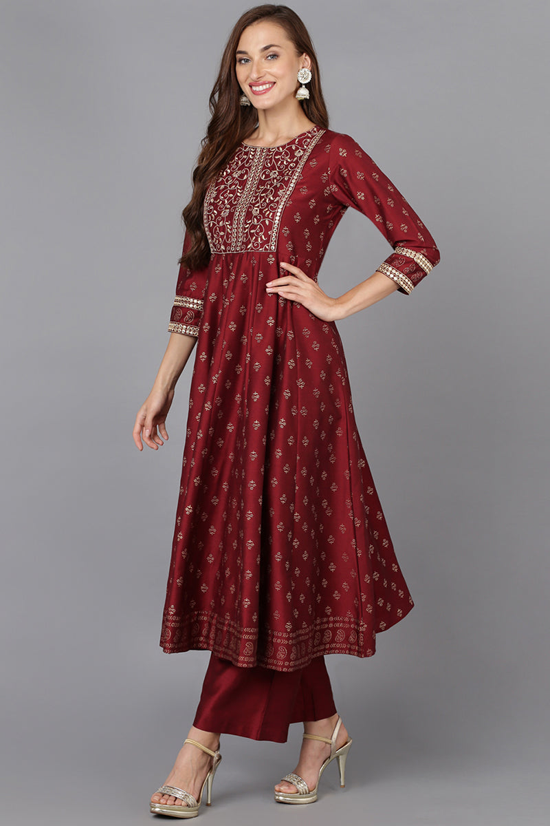 Maroon Silk Blend Anarkali Kurta Pant With Dupatta PKSKD1774