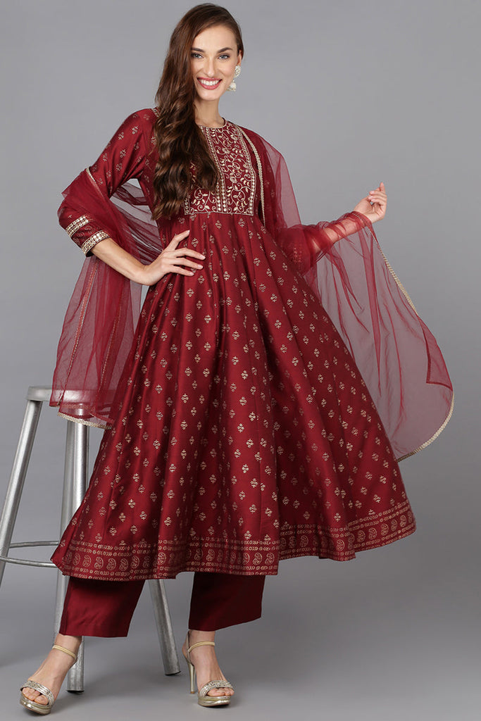 Maroon Silk Blend Anarkali Kurta Pant With Dupatta PKSKD1774