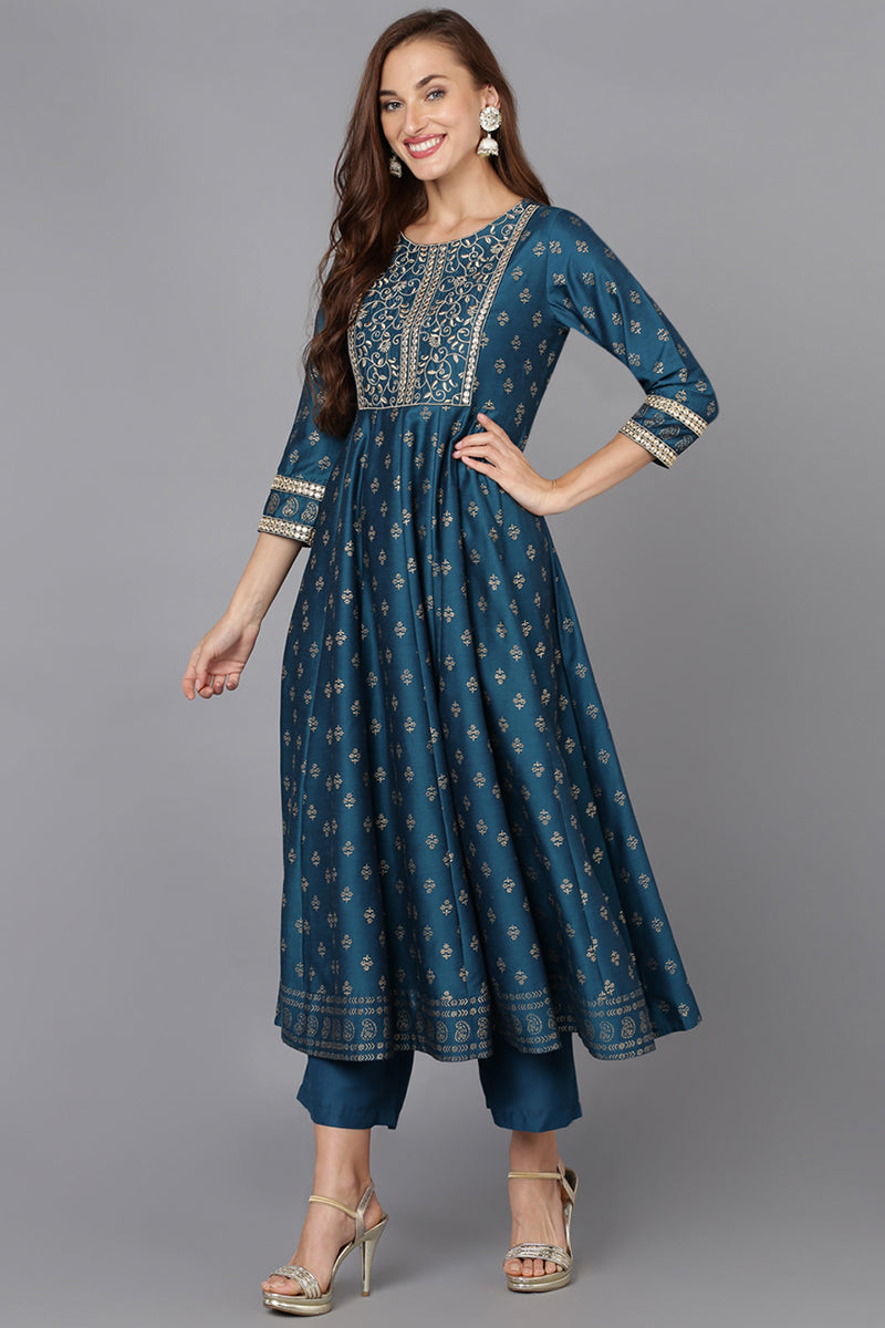 Blue Silk Blend Anarkali Kurta Pant With Dupatta PKSKD1775