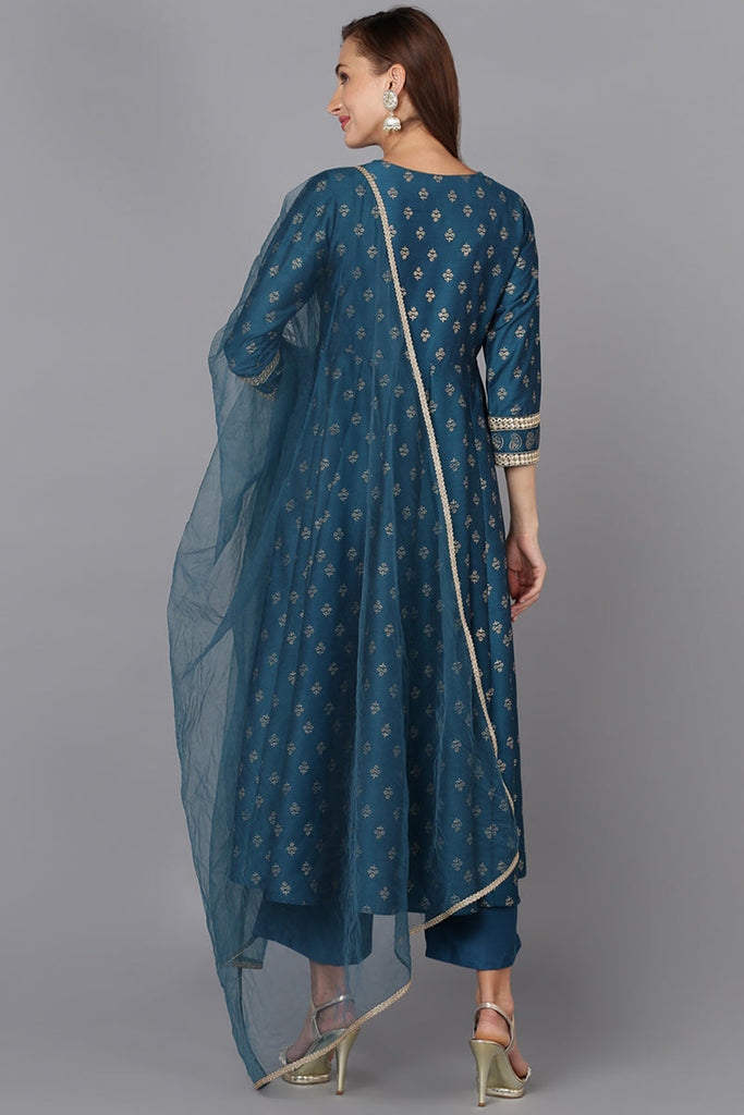 Blue Silk Blend Anarkali Kurta Pant With Dupatta PKSKD1775