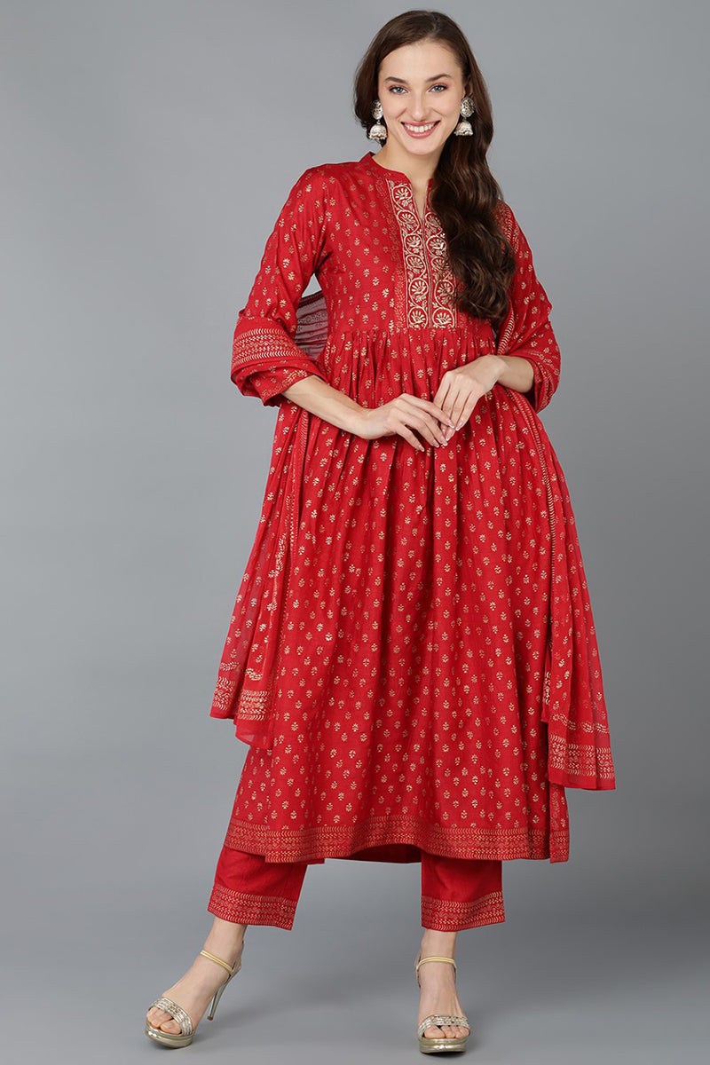 Red Silk Blend Anarkali Kurta Pant With Dupatta PKSKD1776