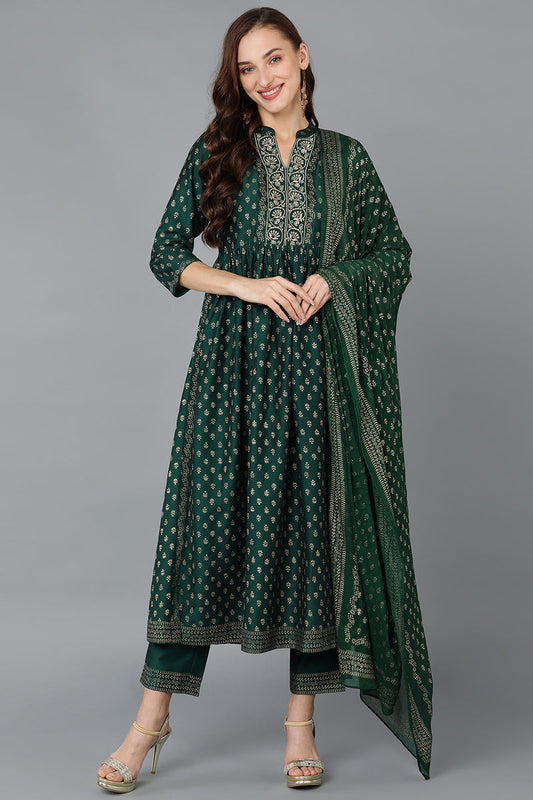 Green Silk Blend Anarkali Kurta Pant With Dupatta PKSKD1777