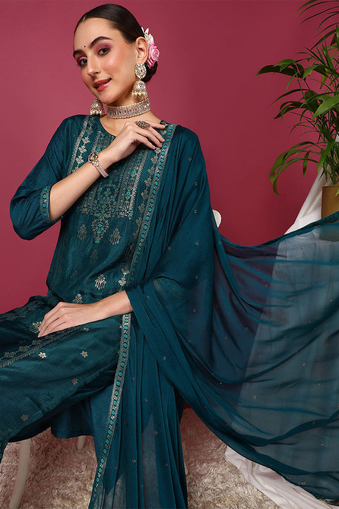 Teal Silk Blend Ethnic Motifs Woven Design Straight Suit Set PKSKD1780