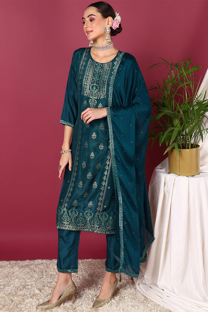 Teal Silk Blend Ethnic Motifs Woven Design Straight Suit Set PKSKD1780