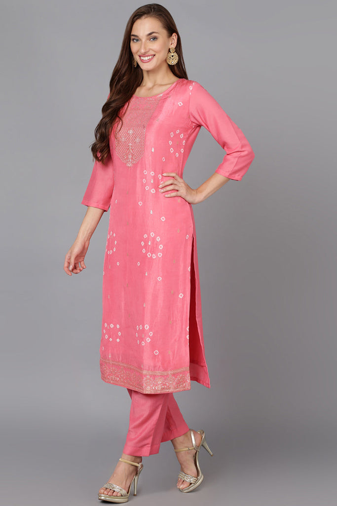 Pink Silk Blend Bandhani Printed Straight Suit Set PKSKD1781