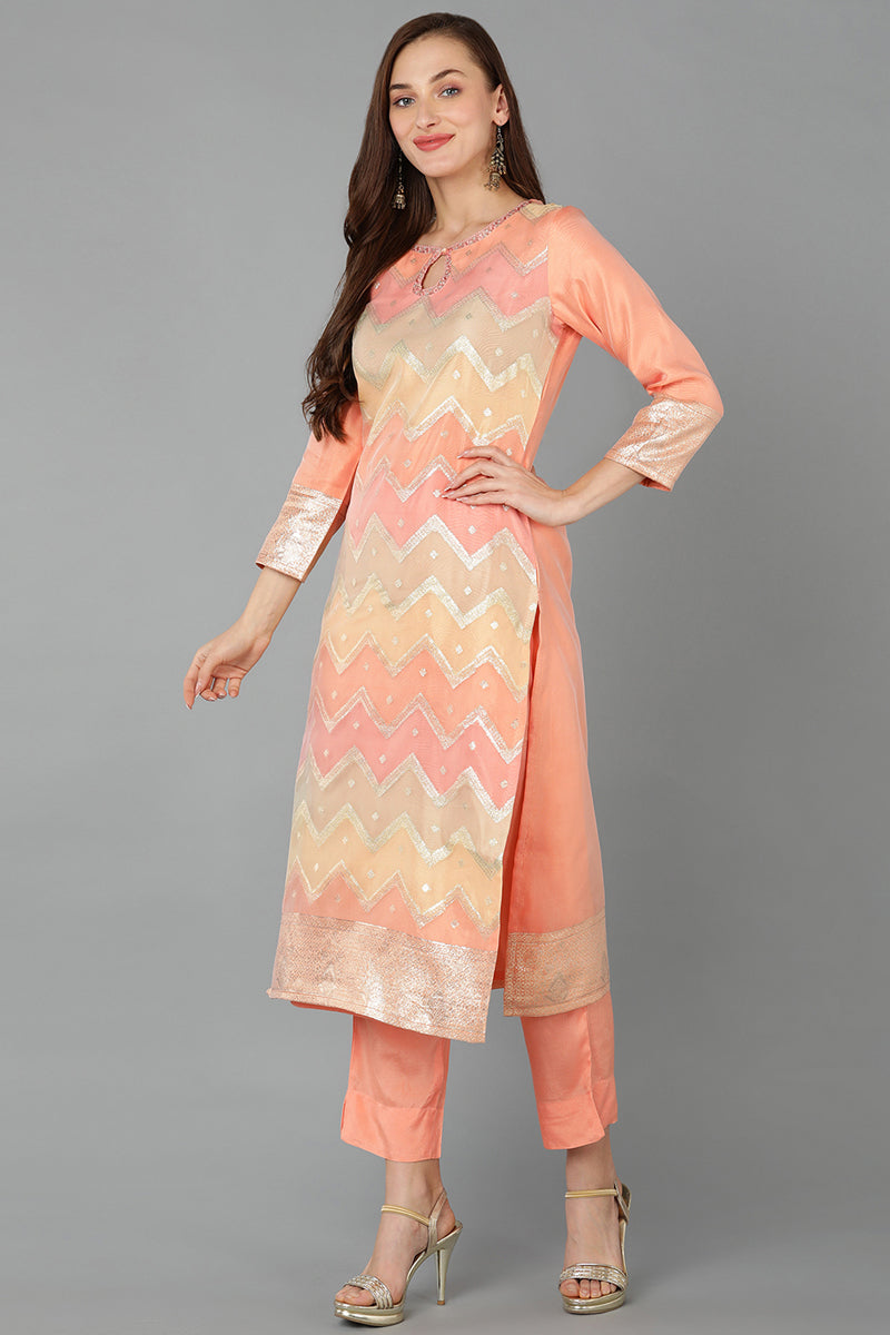 Peach Poly Chanderi Woven Design Kurta Pant With Dupatta PKSKD1782