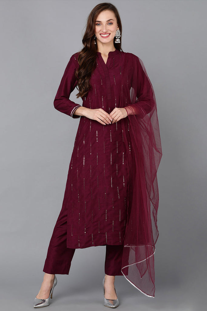 Burgundy Silk Blend Embroidered Kurta Pant With Dupatta PKSKD1783