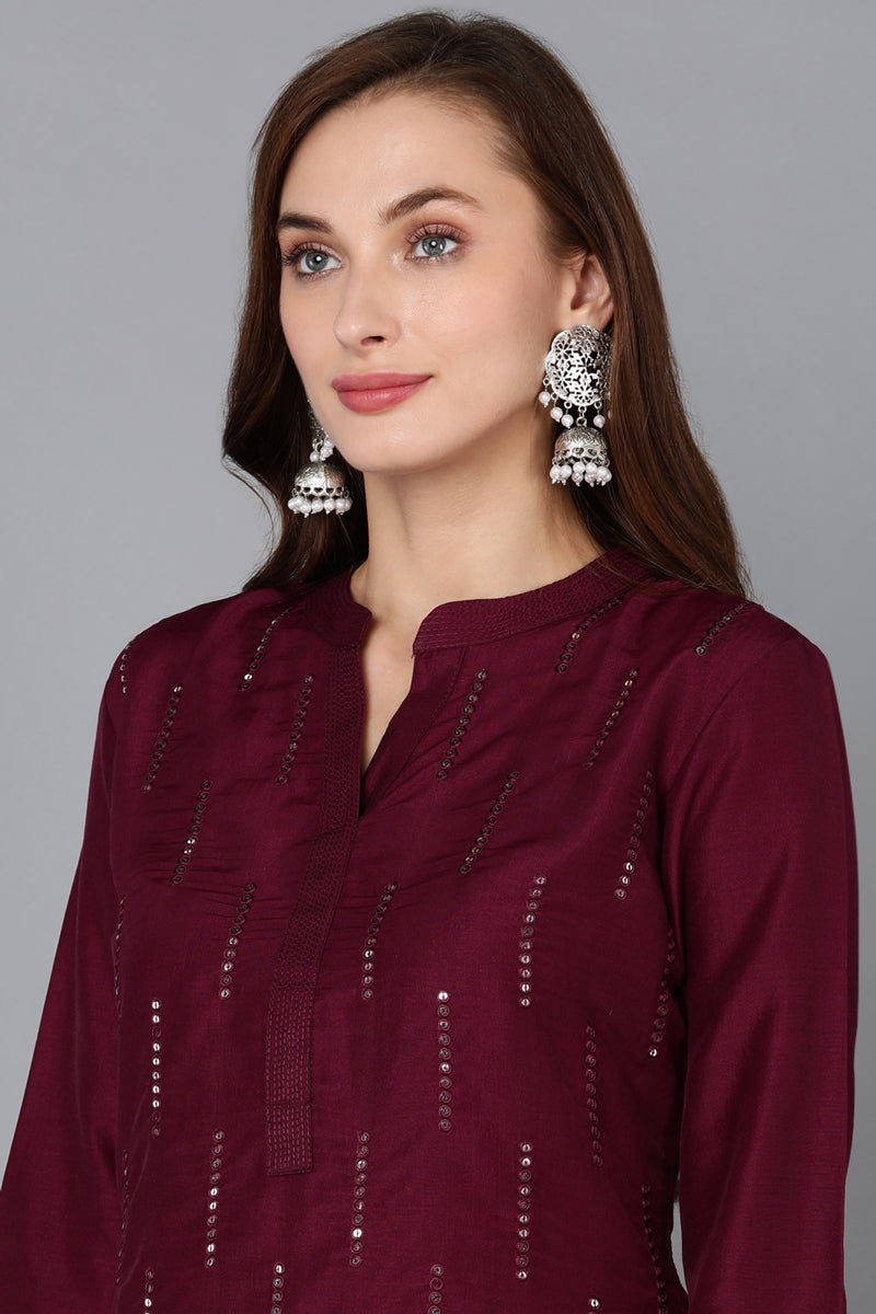 Burgundy Silk Blend Embroidered Kurta Pant With Dupatta PKSKD1783