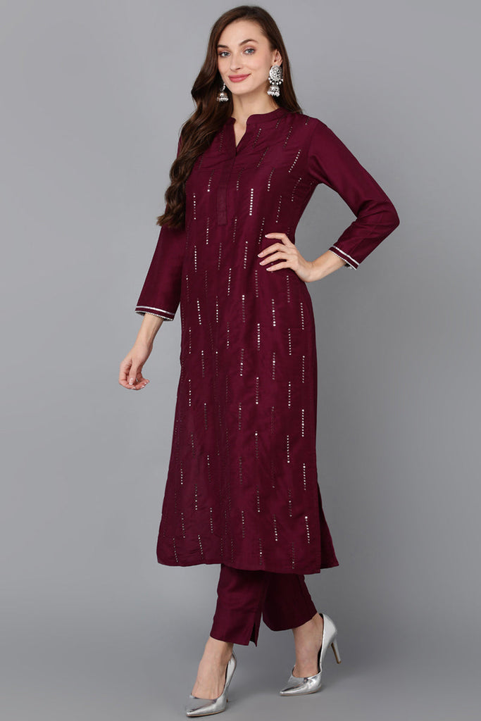 Burgundy Silk Blend Embroidered Kurta Pant With Dupatta PKSKD1783