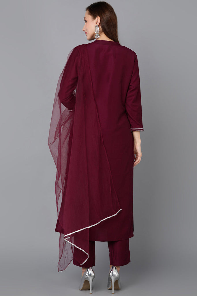 Burgundy Silk Blend Embroidered Kurta Pant With Dupatta PKSKD1783