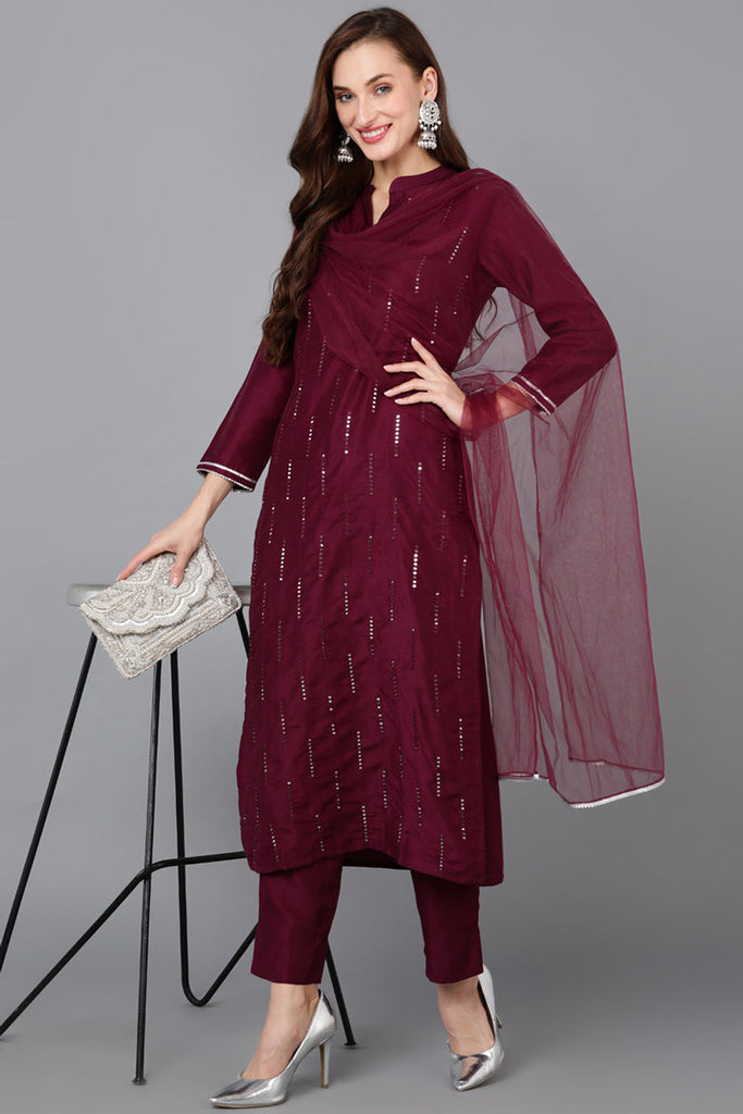 Burgundy Silk Blend Embroidered Kurta Pant With Dupatta PKSKD1783