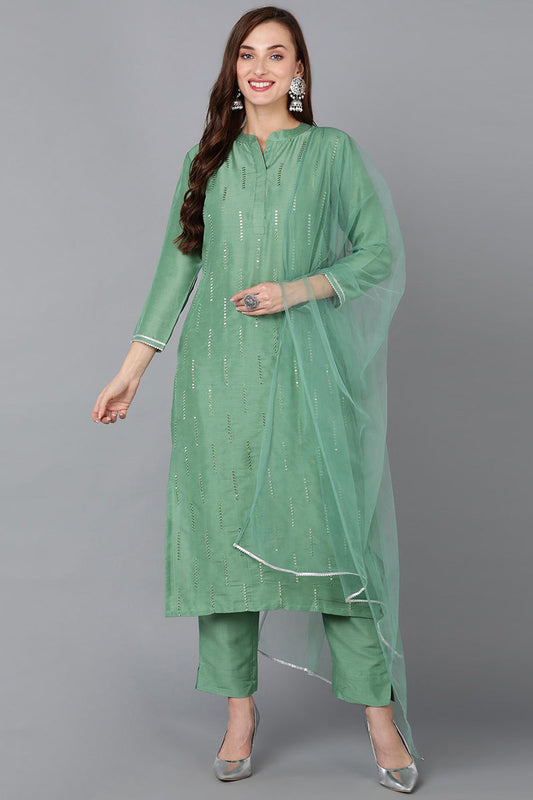 Green Silk Blend Embroidered Kurta Pant With Dupatta PKSKD1784