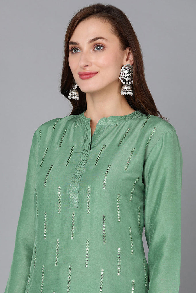 Green Silk Blend Embroidered Kurta Pant With Dupatta PKSKD1784