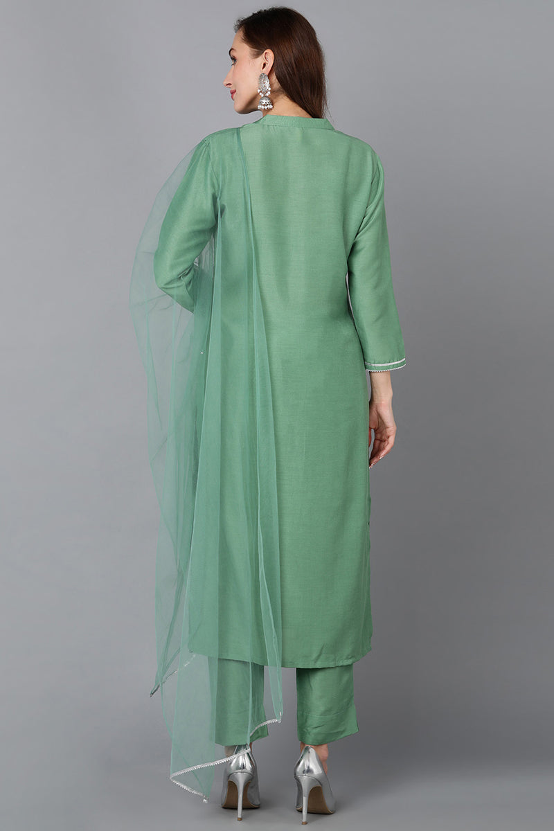 Green Silk Blend Embroidered Kurta Pant With Dupatta PKSKD1784