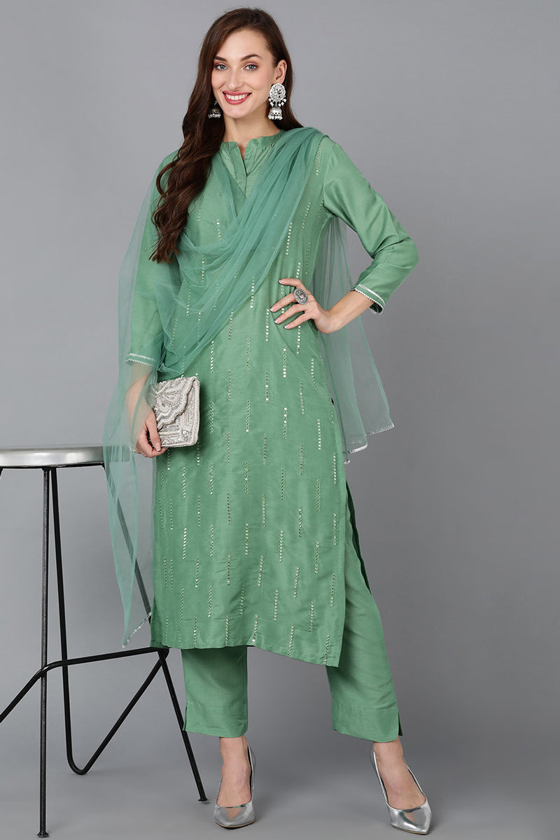 Green Silk Blend Embroidered Kurta Pant With Dupatta PKSKD1784