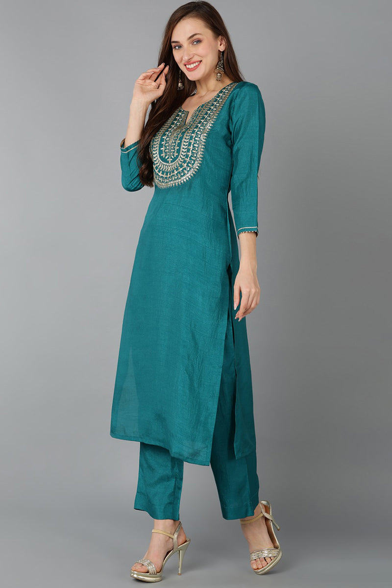 Teal Silk Blend Straight Kurta Pant With Dupatta