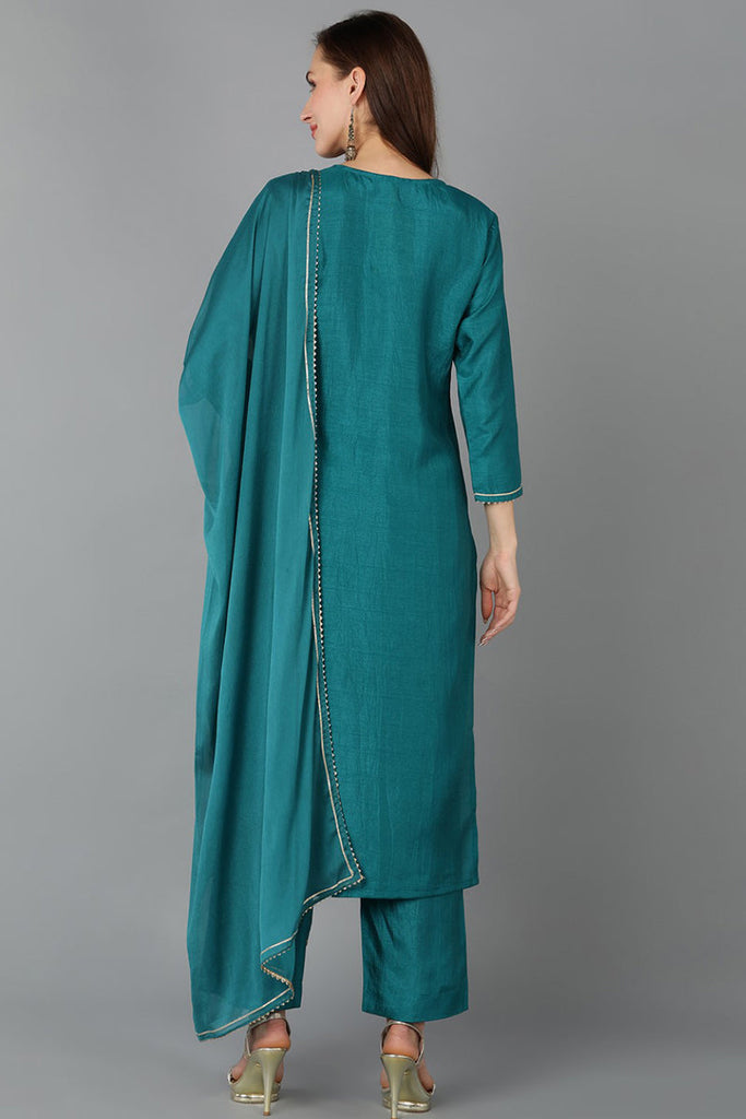 Teal Silk Blend Straight Kurta Pant With Dupatta