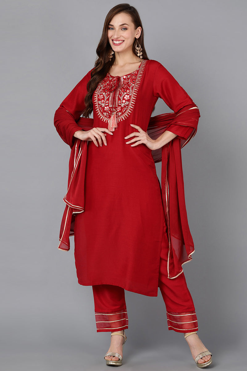 Red Silk Blend Embroidered Kurta Pant With Dupatta PKSKD1789