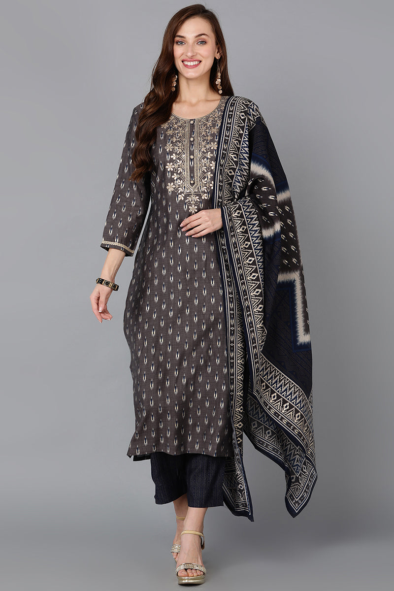 Silk Blend Grey Printed Straight Kurta Pant With Dupatta PKSKD1790