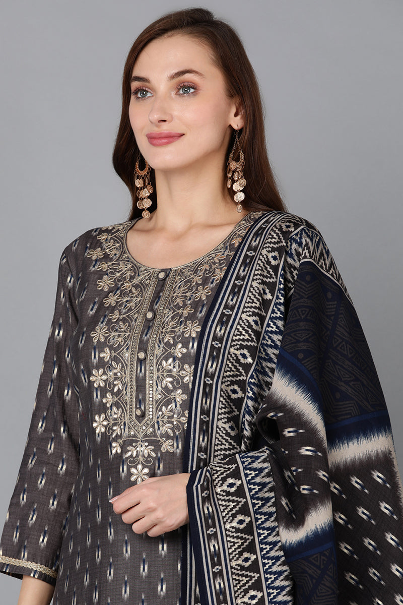 Silk Blend Grey Printed Straight Kurta Pant With Dupatta PKSKD1790