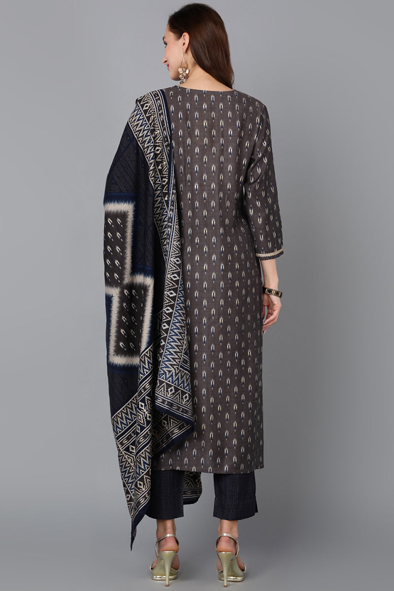 Silk Blend Grey Printed Straight Kurta Pant With Dupatta PKSKD1790