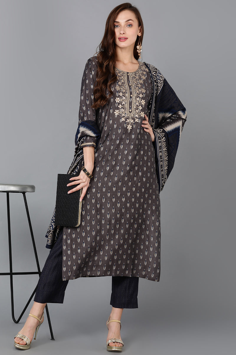 Silk Blend Grey Printed Straight Kurta Pant With Dupatta PKSKD1790