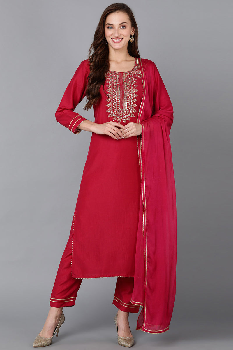 Pink Silk Blend Embroidered Kurta Pant With Dupatta