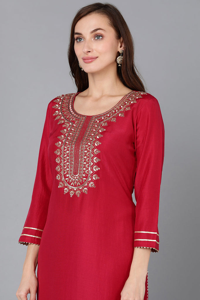 Pink Silk Blend Embroidered Kurta Pant With Dupatta