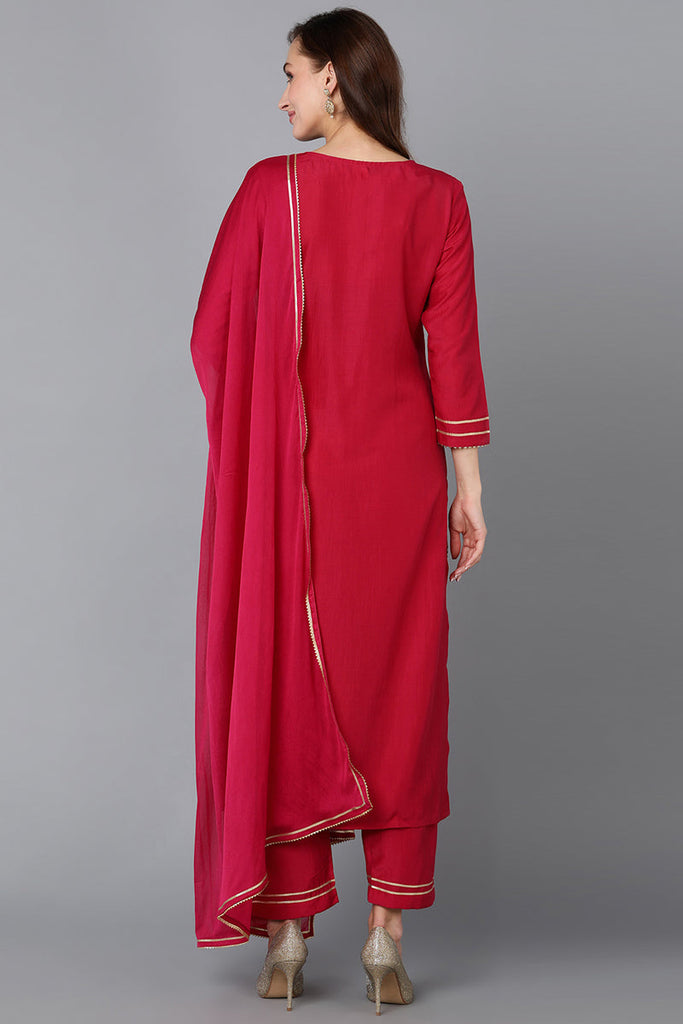 Pink Silk Blend Embroidered Kurta Pant With Dupatta