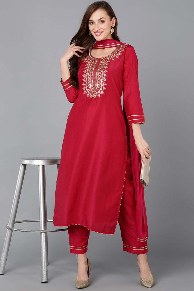 Pink Silk Blend Embroidered Kurta Pant With Dupatta