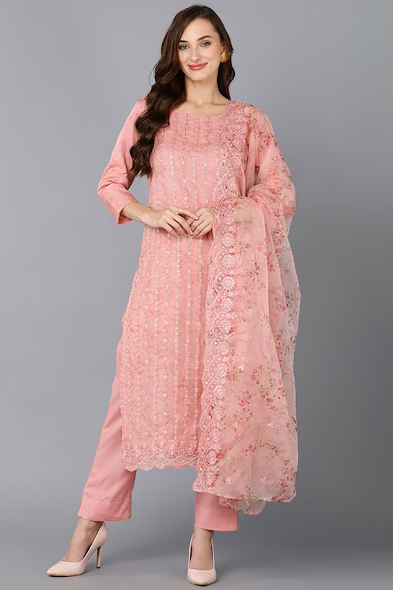 Peach Organza Ethnic Motifs Straight Suit Set PKSKD1795