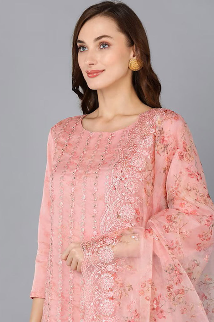 Peach Organza Ethnic Motifs Straight Suit Set PKSKD1795