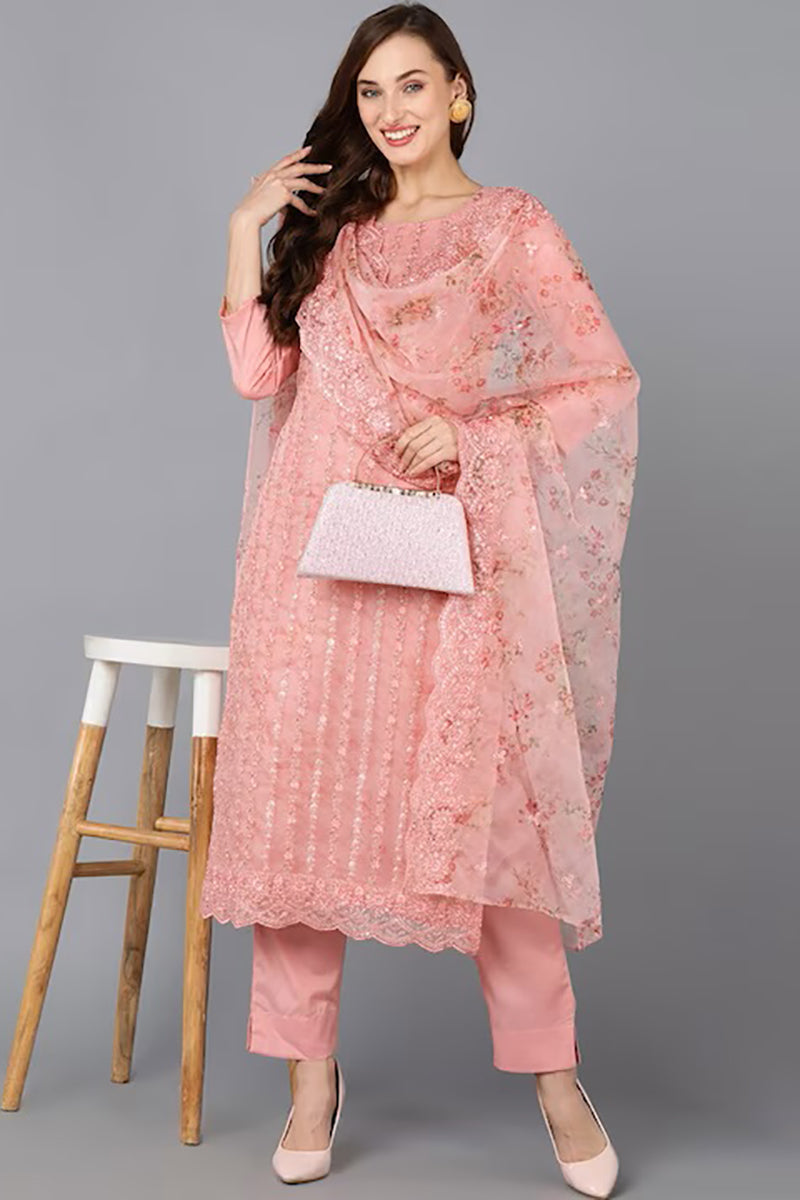 Peach Organza Ethnic Motifs Straight Suit Set PKSKD1795