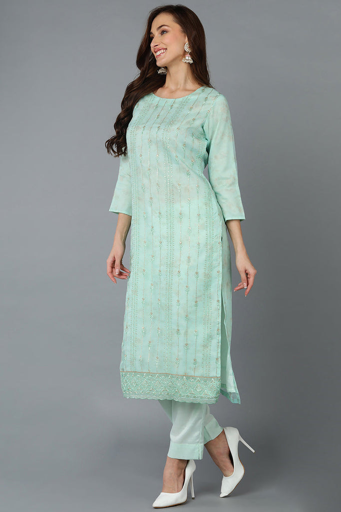 Sea Green Organza Embroidered Kurta Pant With Dupatta PKSKD1796