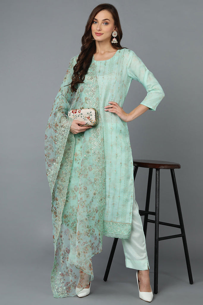 Sea Green Organza Embroidered Kurta Pant With Dupatta PKSKD1796