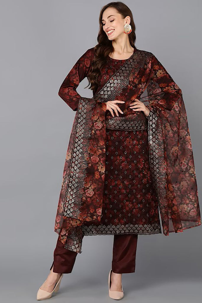 Brown Organza Ethnic Motifs Straight Suit Set PKSKD1798