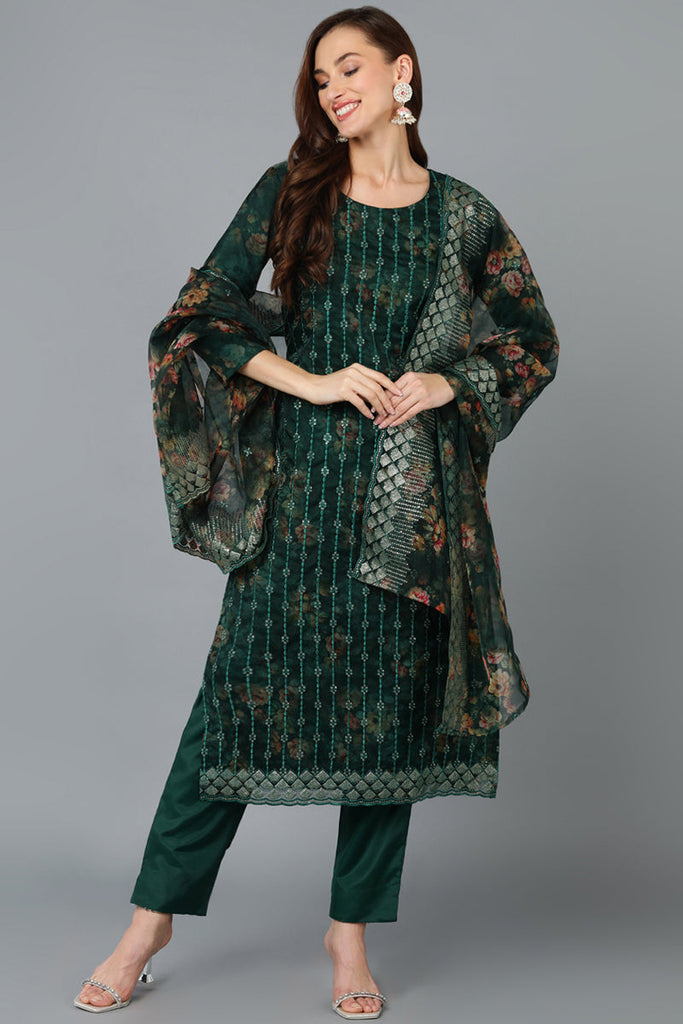 Organza Green Floral Printed Straight Suit Set PKSKD1799