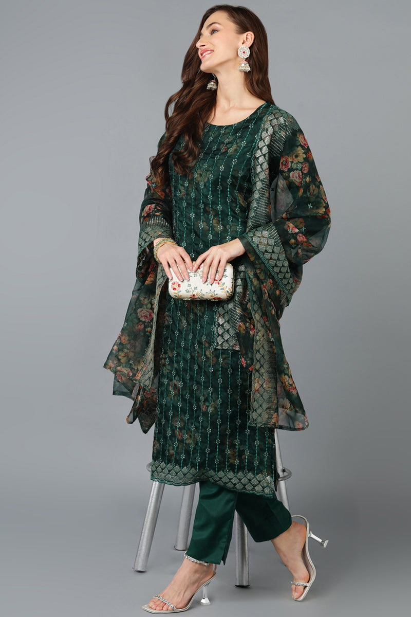 Organza Green Floral Printed Straight Suit Set PKSKD1799