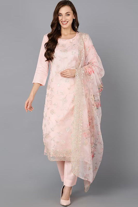 Peach Organza Ethnic Motifs Straight Suit Set PKSKD1800