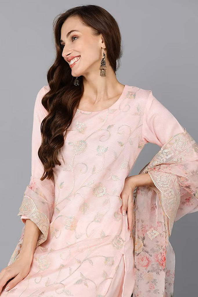 Peach Organza Ethnic Motifs Straight Suit Set PKSKD1800