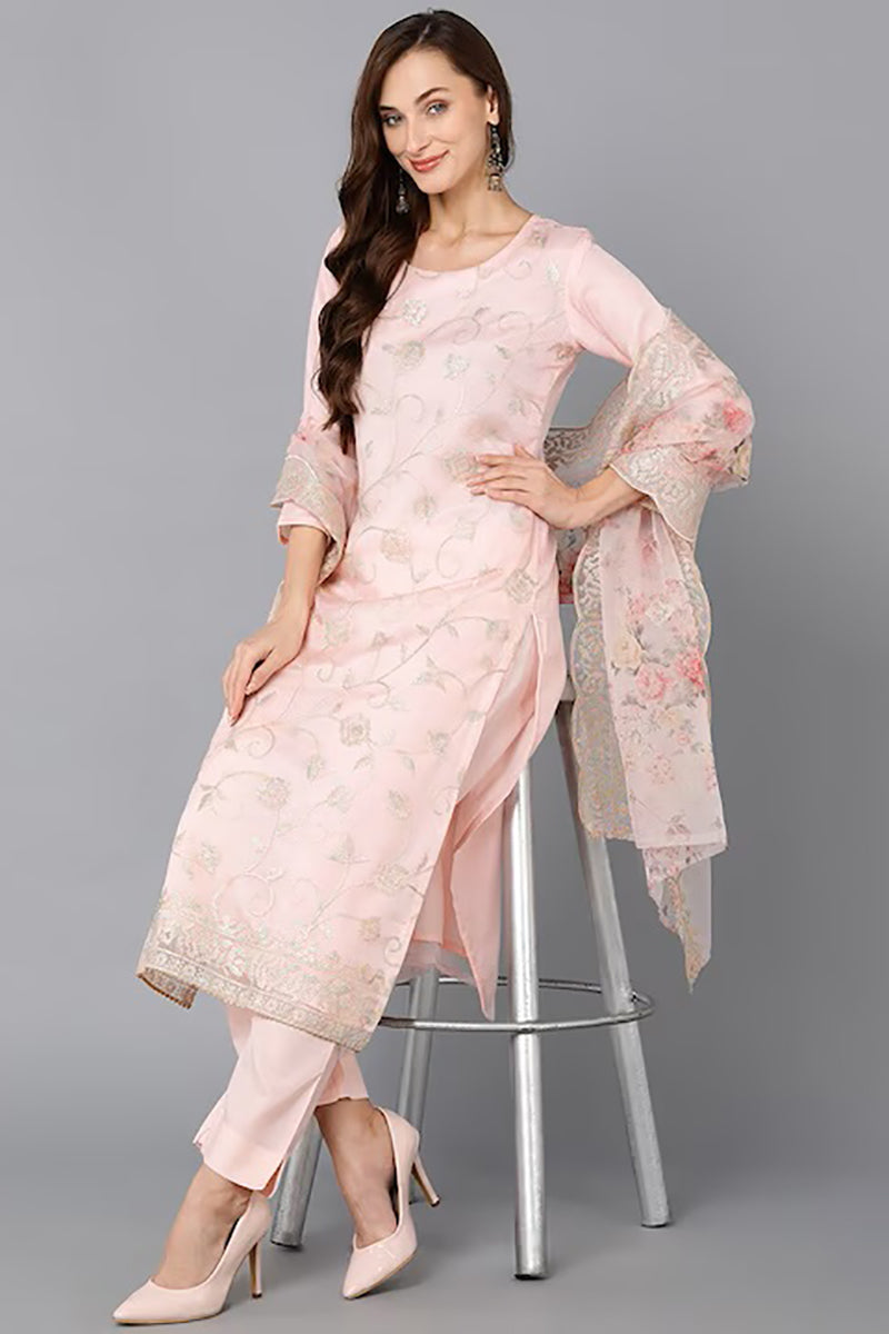 Peach Organza Ethnic Motifs Straight Suit Set PKSKD1800