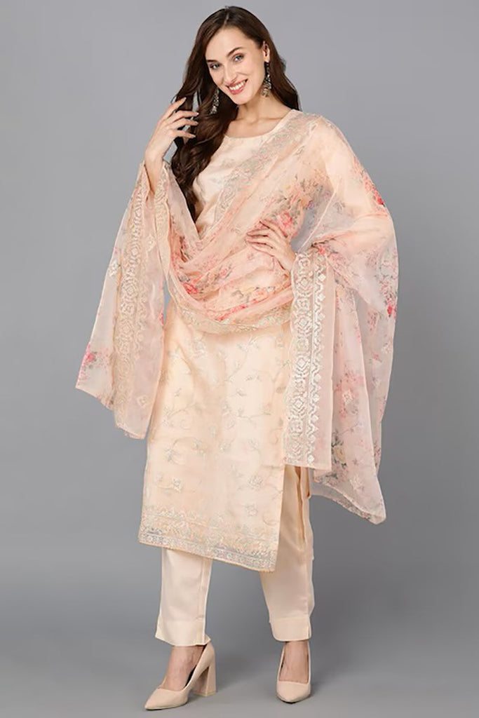 Peach Organza Ethnic Motifs Straight Suit Set PKSKD1801