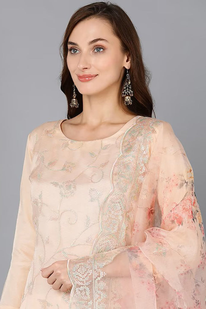 Peach Organza Ethnic Motifs Straight Suit Set PKSKD1801