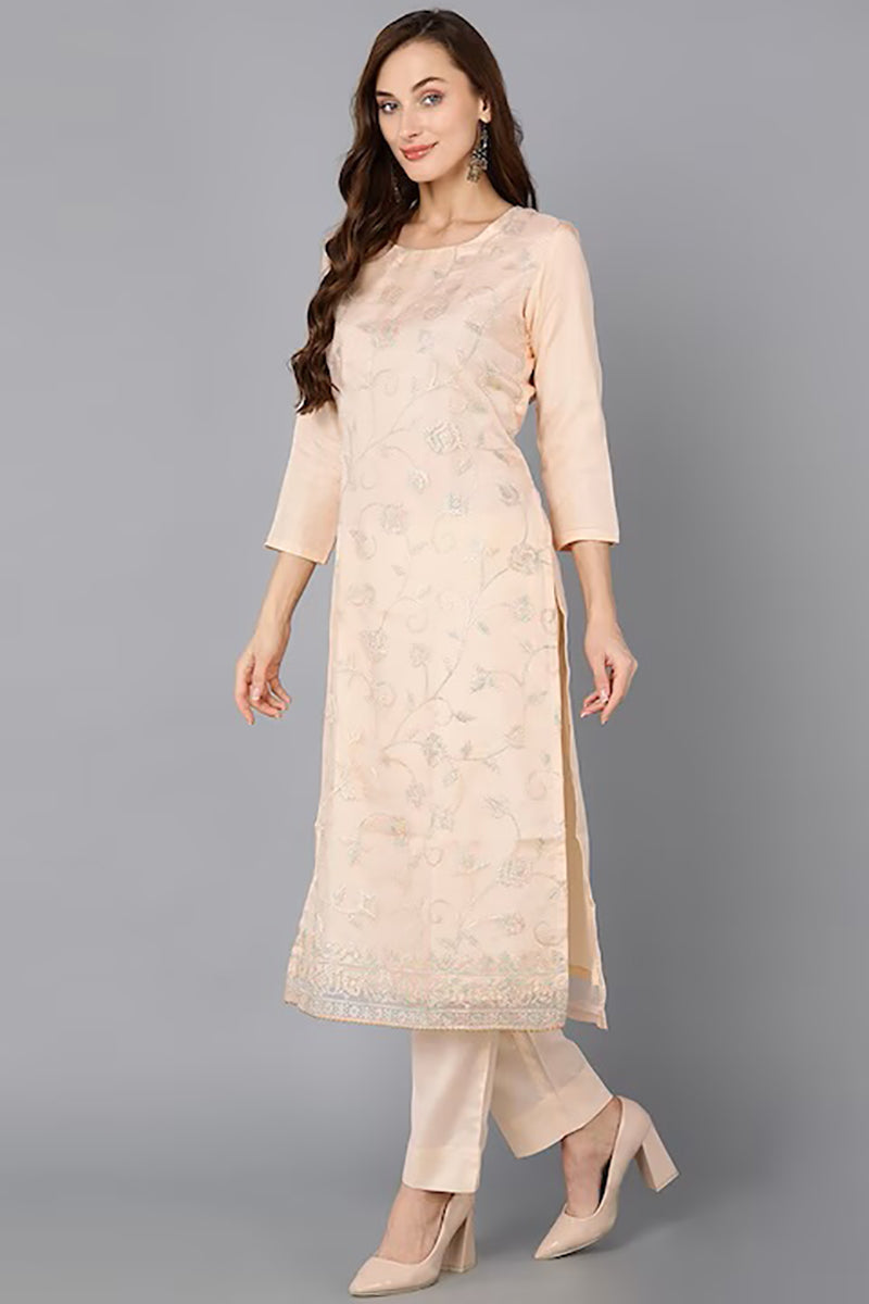 Peach Organza Ethnic Motifs Straight Suit Set PKSKD1801