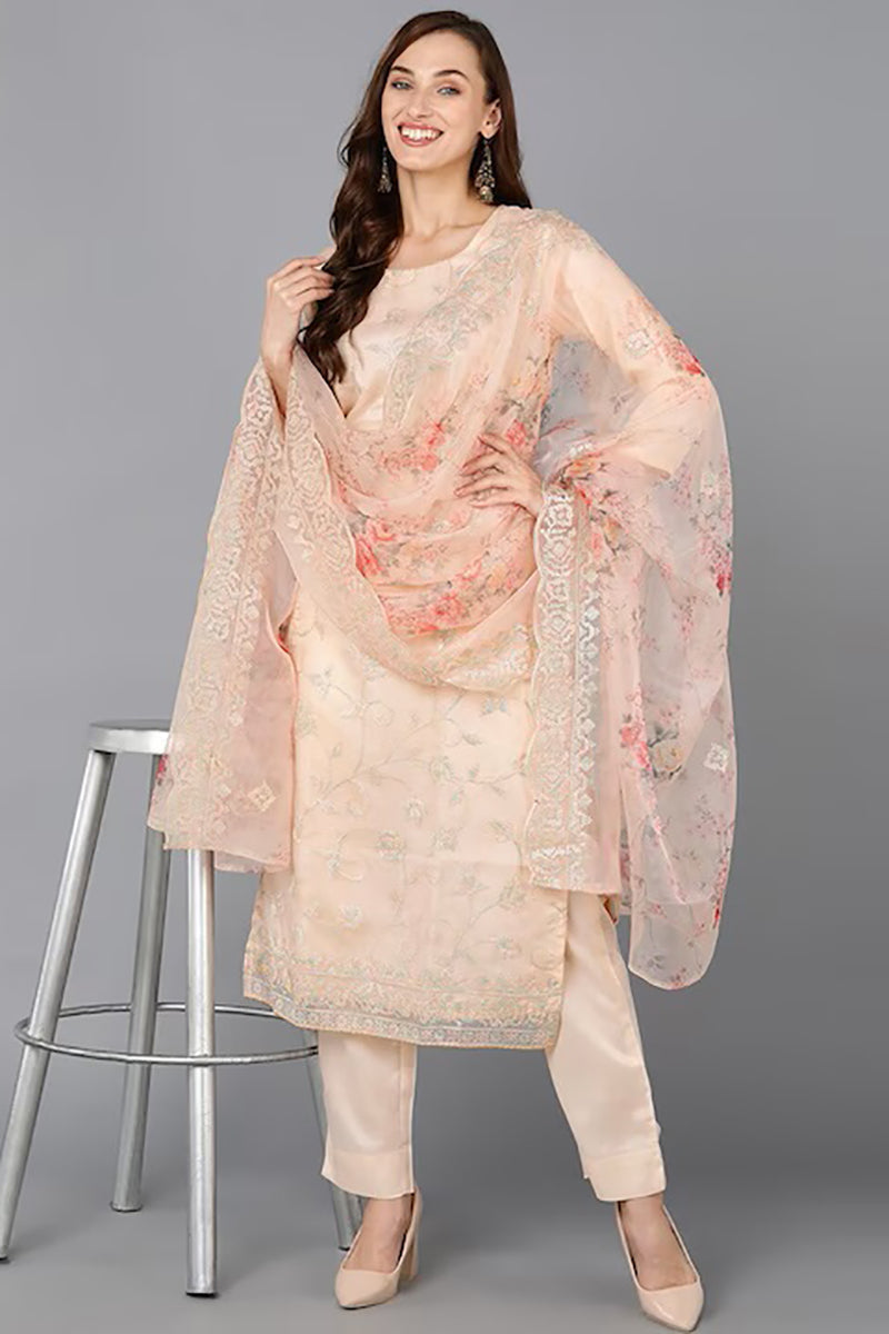 Peach Organza Ethnic Motifs Straight Suit Set PKSKD1801