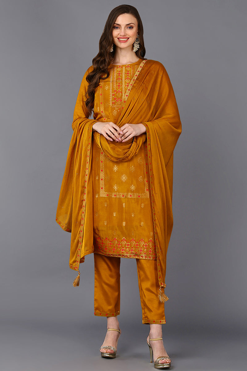 Silk Blend Mustard Embroidered Straight Suit Set PKSKD1803