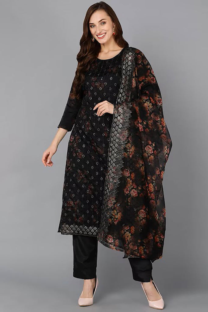 Black Organza Ethnic Motifs Straight Suit Set PKSKD1805