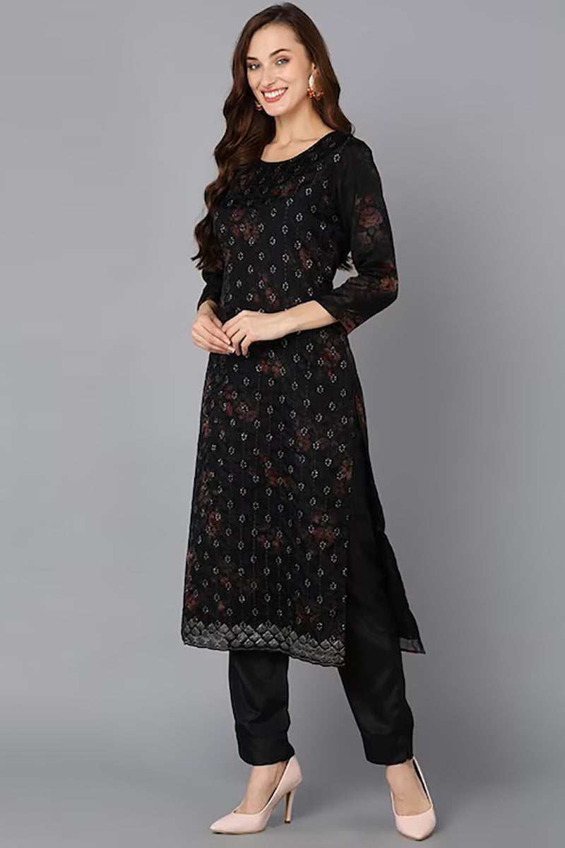 Black Organza Ethnic Motifs Straight Suit Set PKSKD1805