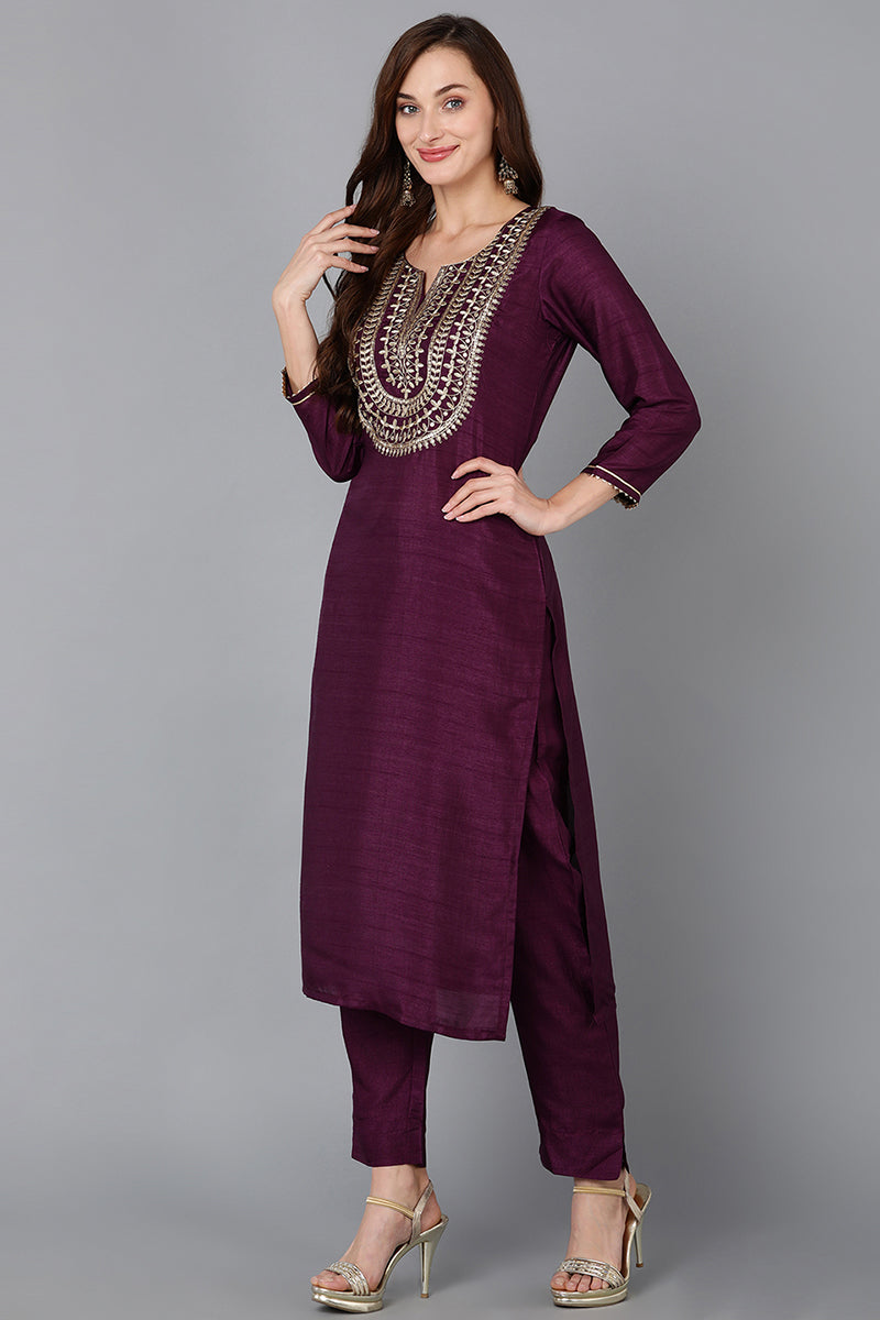 Silk Blend Purple Embroidered Straight Kurta Pant With Dupatta PKSKD1807