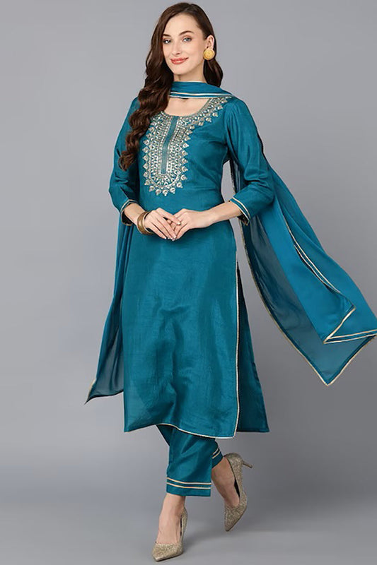 Teal Silk Blend Solid Straight Suit Set PKSKD1810